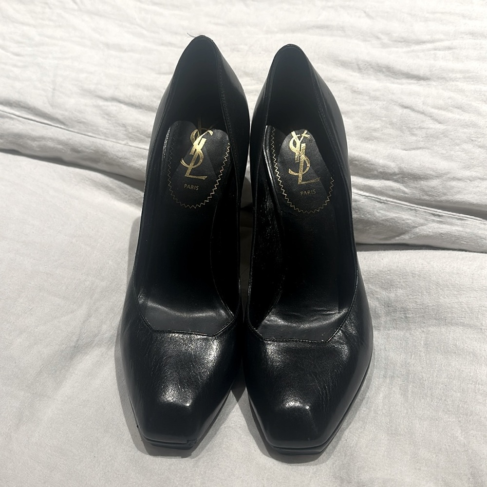 YSL - SAINT LAURENT 38 TRIPON BLACK LEATHER FACETED MIRROR HEEL PLATFORM PUMP